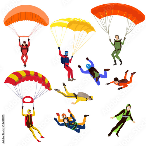 Set of parachutists involved in dangerous sports making jumps in the sky with a parachute. Extreme sport.