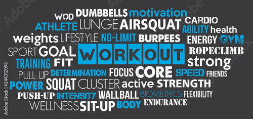 Workout sport word cloud concept text is outline