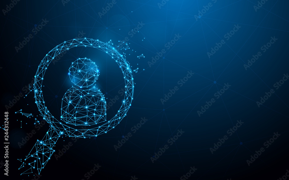 Magnifying glass with human icon form lines, triangles and particle style design. Illustration vector