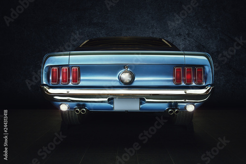 фотография Mustang Ford Oldtimer - classic Car (blaues Auto mit Hintergrund schwarz) Studio
