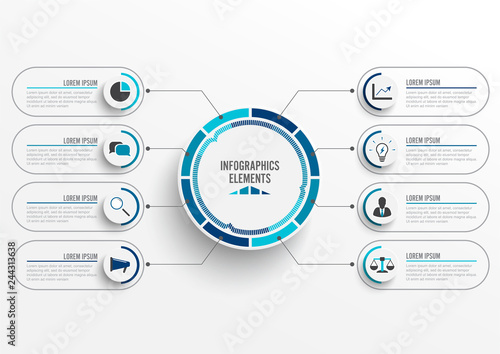 Vector infographic template with 3D paper label, integrated circles. Business concept with 8 options. For content, diagram, flowchart, steps, parts, timeline infographics, workflow, chart.