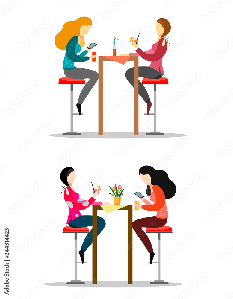 A set of characters who sit on bar stools at the table, drink drinks and chat. Girls.Vector illustration on a white background A set of characters who sit on bar stools at the table, drink drinks and chat. Girls.Vector illustration on a white background
