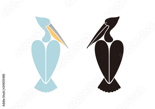 Color and black flat graphic icon or logo of a large water bird pelican. Symbol, character, vintage vector illustration, isolated on background for design, label, sticker, emblem, identity.
