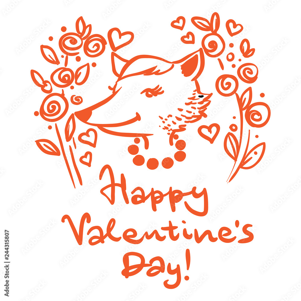 Happy Valentine's day. Postcard with a fox. Happy Valentine's day. Postcard with a fox.