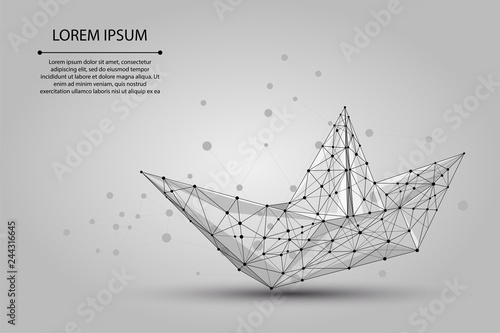 Polygonal wireframe mesh Origami boat from dots lines and stars. Vector Paper ship illustration