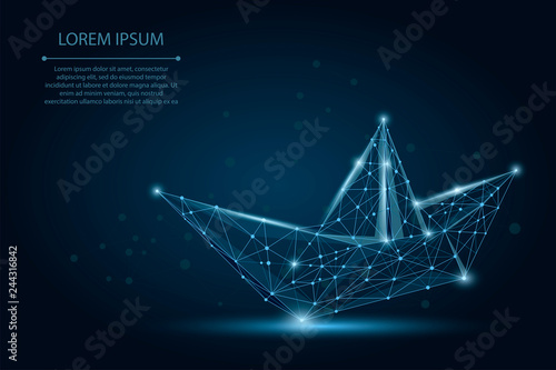 Polygonal wireframe mesh Origami boat on dark blue night sky with dots lines and stars. Vector Paper ship illustration