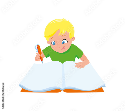Blond boy enthusiastically  writes with a pen in a notebook or draws in an album with blank sheets for inscriptions. Back to school. Clever student, schoolboy sitting at the table and reading a book