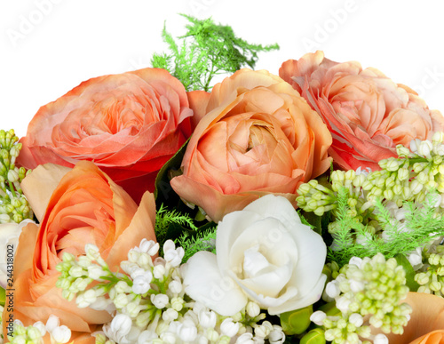 Elite spring bouquet with mimosa and other flowers  close up on a white background