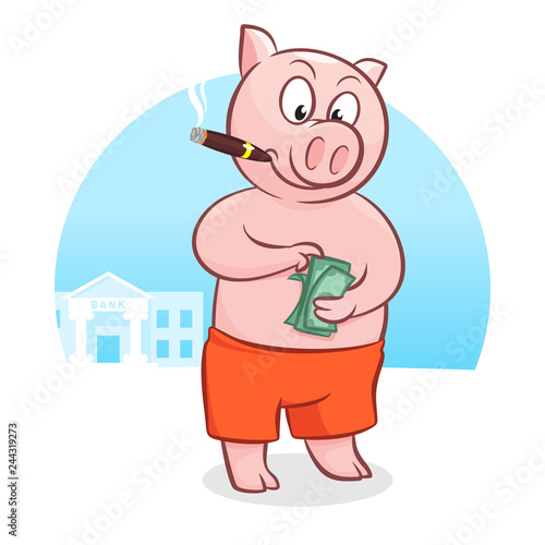 Smoking cigar piggy bill money vector illustration