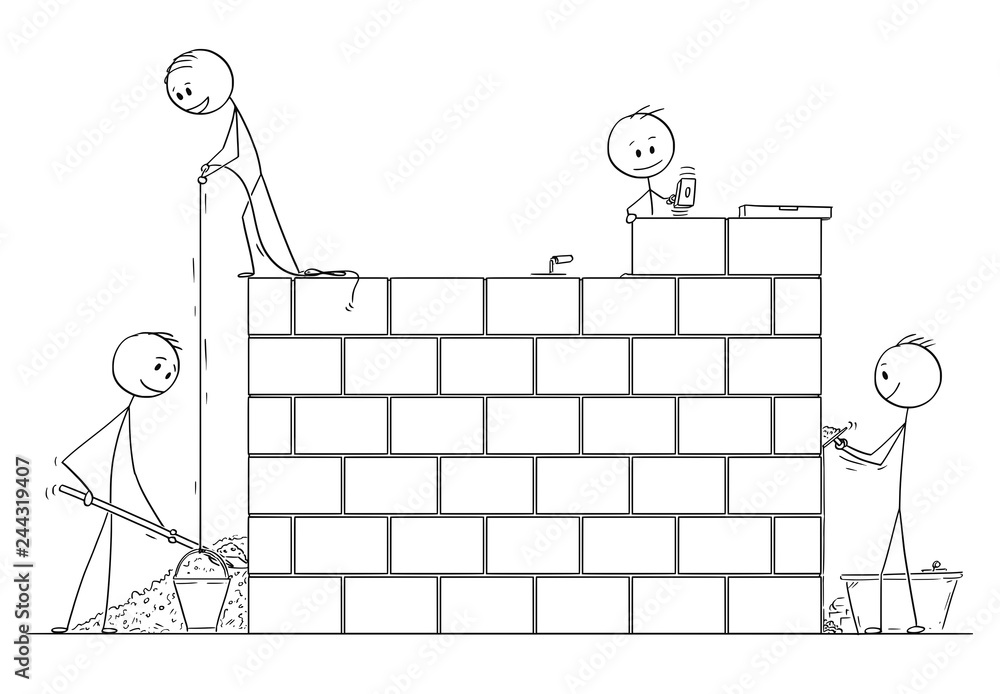 Cartoon stick drawing conceptual illustration of group of masons or  bricklayers building a wall or house from bricks or stone blocks. Stock  Vector | Adobe Stock