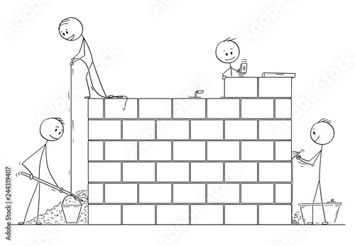 Cartoon stick drawing conceptual illustration of group of masons or bricklayers building a wall or house from bricks or stone blocks.