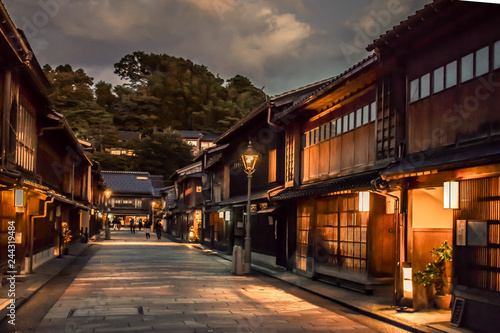 Traditional Japanese street with old wooden houses in Kanazawa Japan