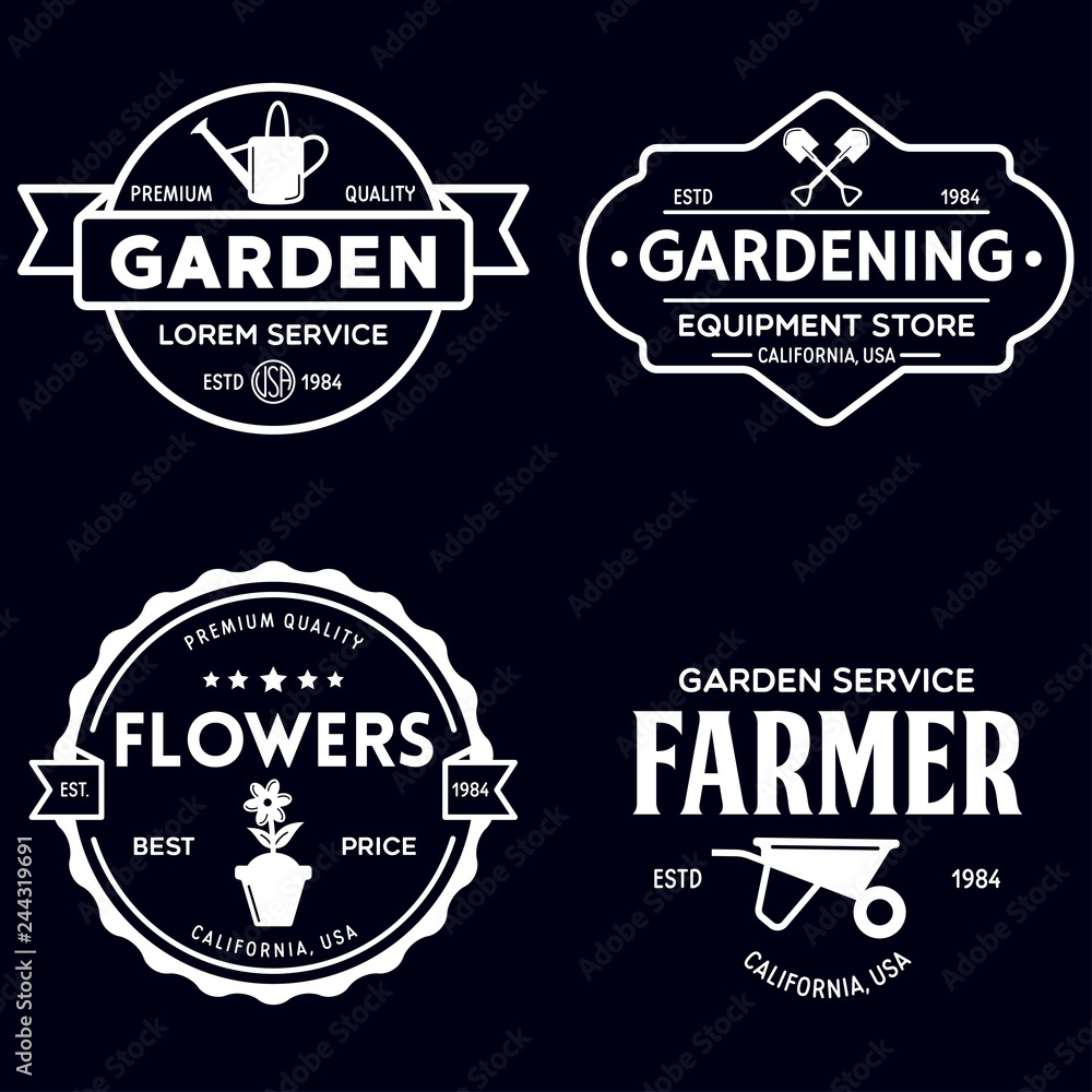 Fototapeta premium Set of vintage monochrome retro logo, badges, labels, emblems and design elements. Garden shop, service, center, flowers.
