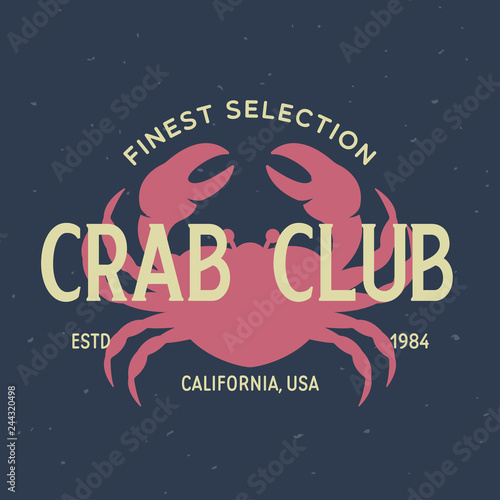 Crab, seafood. Vintage icon crab label, logo, print sticker for Meat Restaurant, butchery meat shop poster with text, typography crab, seafood. Crab silhouette. Poster, banner.
