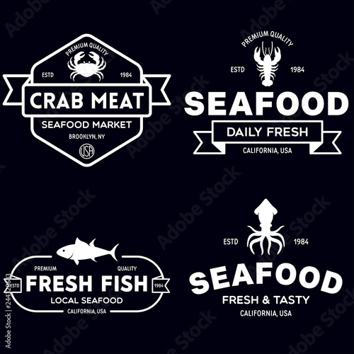 Seafood restaurant logos set vector illustration. Market and fisherman emblems, fishes and seafood silhouettes.