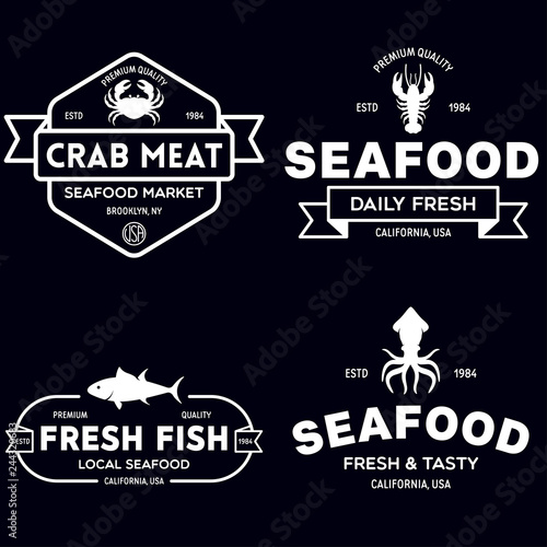 Seafood restaurant logos set vector illustration. Market and fisherman emblems, fishes and seafood silhouettes.