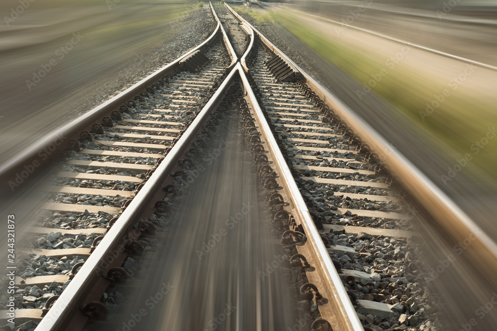 Fototapeta premium Speed motion blur background, View from first railway carriage