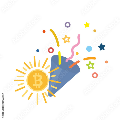 Confetti popper with bitcoin coin and sun icon set