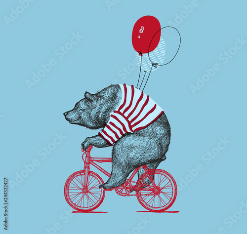 Bear Ride Bike Balloon Vector Grunge Print. Hipster Mascot Cute Wild Grizzly in Striped Vest on Bycicle Isolated. Blackwork Tattoo Animal Character Outline Sketch. Teddy Design Flat Illustration