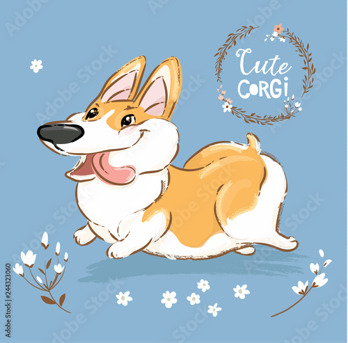 Excited Corgi Dog Run Tongue Out Vector Poster. Happy Fox Pet Character Walk Outdoor in Flowers. Little Funny Welsh Doggy Series on Blue Background Flat Cartoon Print Banner