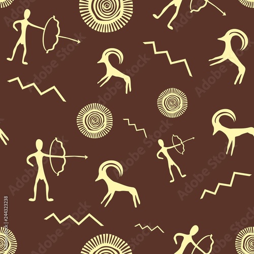 Vector illustration of a set of seamless pattern with petroglyphs