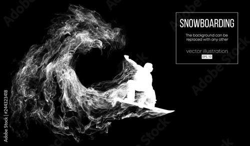 Abstract silhouette of a snowboarder jumping isolated on dark, black background from particles. Snowboarder jumping and performs a trick. Background can be changed to any other. Vector illustration