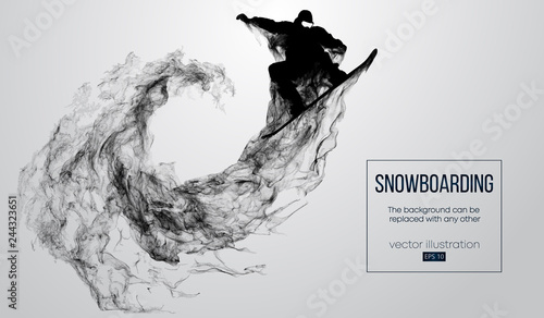 Abstract silhouette of a snowboarder jumping isolated on white background from particles. Snowboarder jumping and performs a trick. Background can be changed to any other. Vector illustration