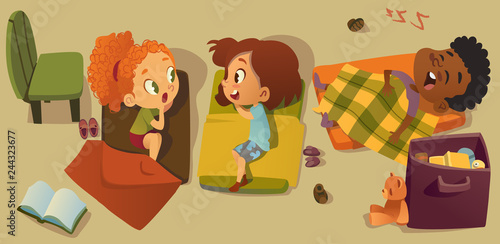 Elementary Class Bedtime Character Illustration. Kindergarten Multiracial Children Nap Time, Girl Friend Gossip. African Little Boy Character Sleep in Bed. Kindergarten Baby Read in Pajama