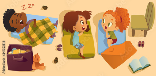 Preschool Sleep Time Baby Vector Illustration. Kindergarten Multiracial Children Bedtime, Girl Friend Gossip. African Little Boy Character Dream in Bed. Elementary Class Daily Schedule