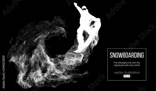 Abstract silhouette of a snowboarder jumping isolated on dark, black background from particles. Snowboarder jumping and performs a trick. Background can be changed to any other. Vector illustration