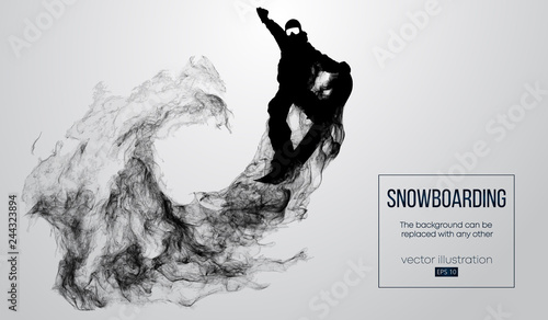 Abstract silhouette of a snowboarder jumping isolated on white background from particles. Snowboarder jumping and performs a trick. Background can be changed to any other. Vector illustration