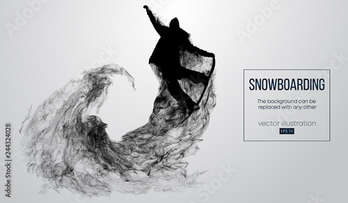 Abstract silhouette of a snowboarder jumping isolated on white background from particles. Snowboarder jumping and performs a trick. Background can be changed to any other. Vector illustration