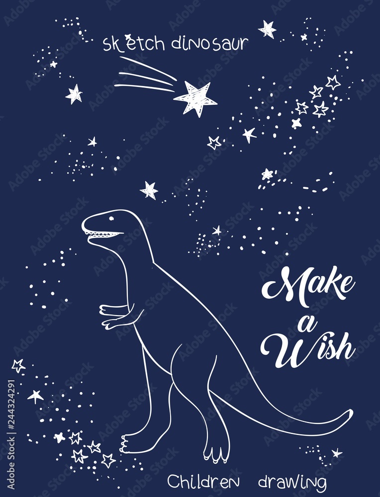 Vector illustration of magic dinosaur constellation, polygonal art, geometric design with hand drawn (with a tablet) stars, lettering make a wish, fashion print for t shirt with celestial star map