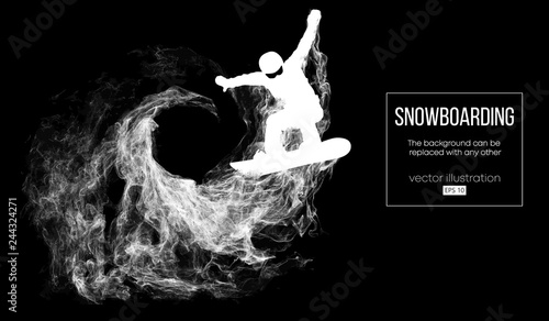 Abstract silhouette of a snowboarder jumping isolated on dark, black background from particles. Snowboarder jumping and performs a trick. Background can be changed to any other. Vector illustration