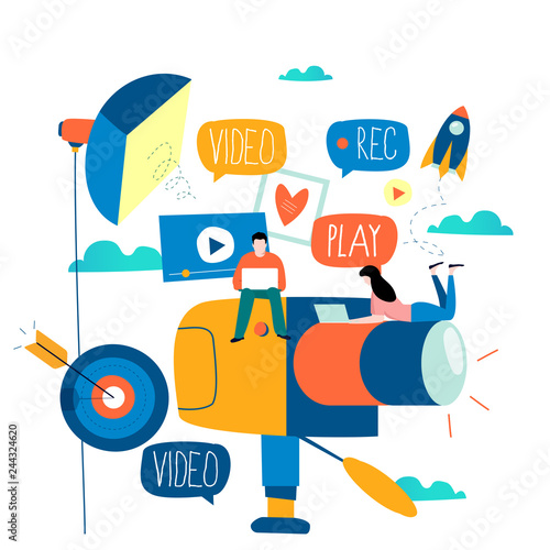 Video camera production, filming video footage flat vector illustration design. Video streaming, digital camera recording, colorful camcorder