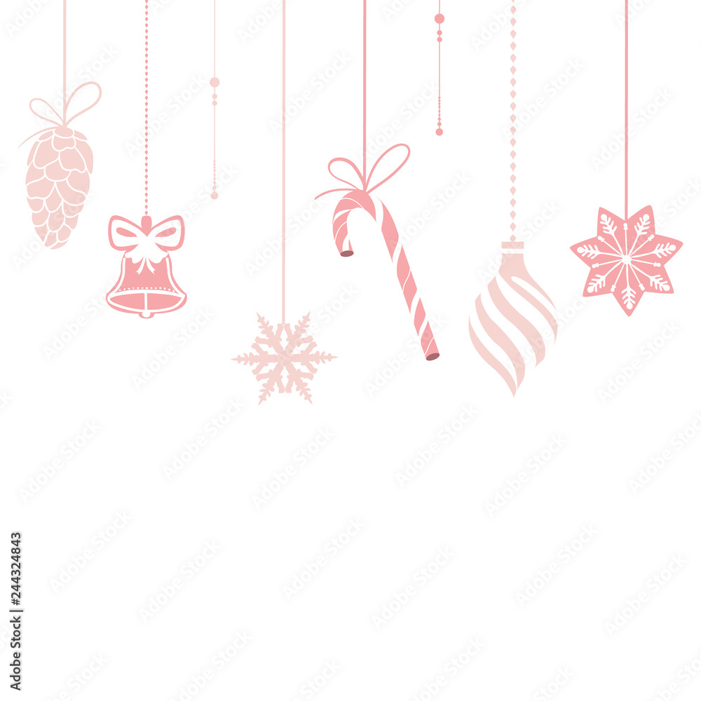 Christmas garland of: cone, Christmas-tree toys, candy, gingerbread, snowflakes, bell. Christmas banner with pink elements on a white background. Christmas hand drawn decorations for xmas design
