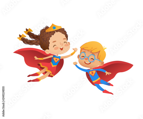 Superhero Children Friend Costume Character. Happy Boy and Caucasian Girl wear Hero Costume for Kindergarten Party. Cool Baby Carnival Isolated Flat Cartoon Vector Illustration