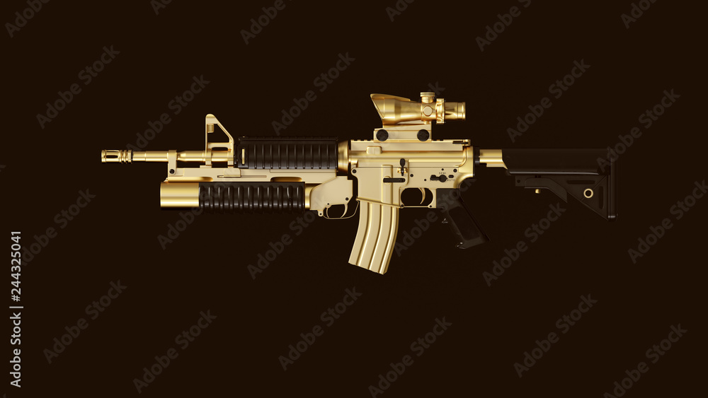 Gold an Black Modern Rifle with a Scope and Grenade Launcher 3d Illustration 3d Rendering Gold an Black Modern Rifle with a Scope and Grenade Launcher 3d Illustration 3d Rendering
