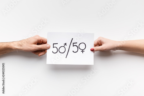 Text 50/50 written on piece of paper photo