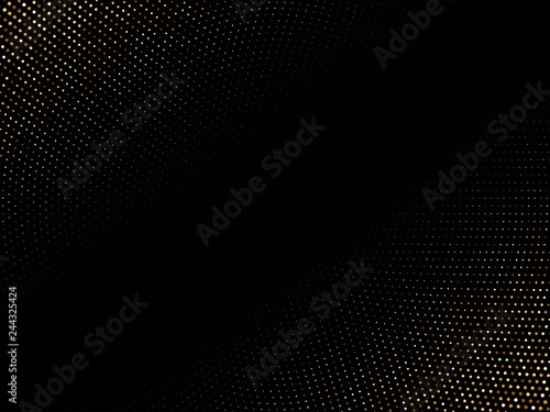 Golden shiny halftone effect pattern. Gold glitter dots texture. Dots pop art background. Yellow brown dots on black Background. Random color gradient vector  gold ornament. Abstract design element