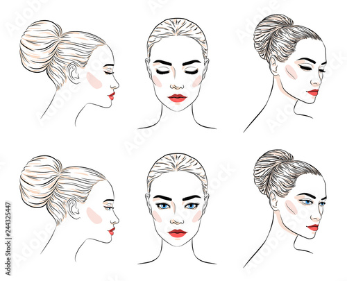 Set of beautiful woman with bun hairstyle and elegant makeup, attractive girl with blue eyes, line sketch style vector illustration isolated on white background