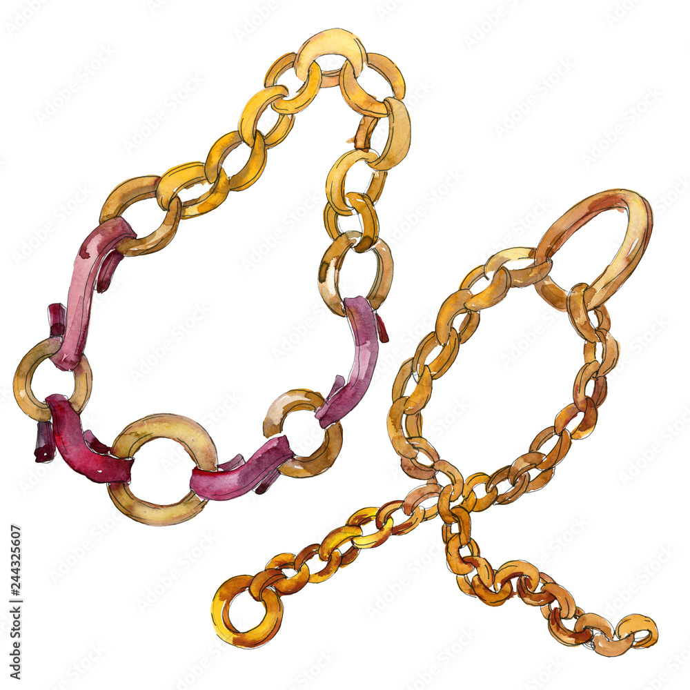 Obraz premium Golden chain belt sketch fashion glamour illustration. Watercolor background set. Isolated belt element.
