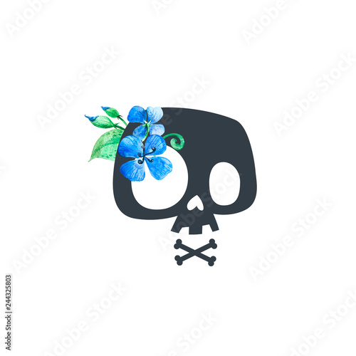 Fototapeta Naklejka Na Ścianę i Meble -  Cartoon Skull decorated with blue flowers. Stylized skull, t-shirt print, skull sign, teenager print art, card design. Vector illustration. Isolated