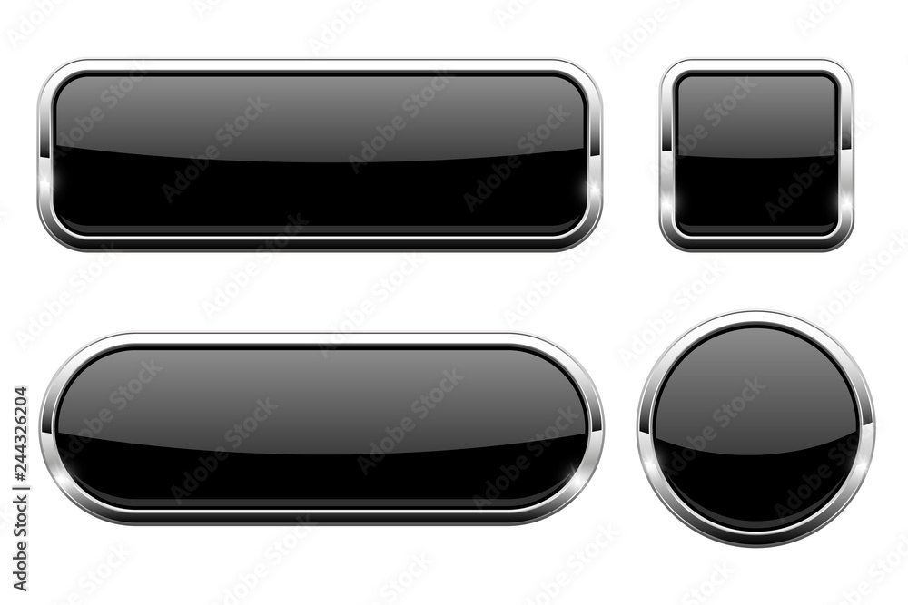 Black glass 3d buttons. With chrome frame. Set of web icons Black glass 3d buttons. With chrome frame. Set of web icons
