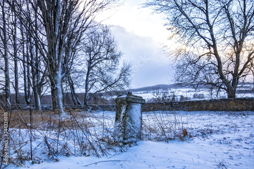 Single tombstone with the snow covered landscape in the background