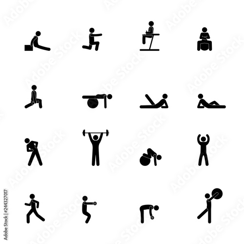 gym icon, exercises with a ball and dumbbells, man pictogram, stick figure people set