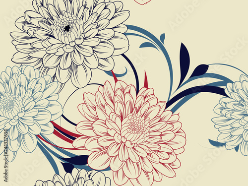 Seamless abstract pattern with chrysanthemum flowers. Fototapete