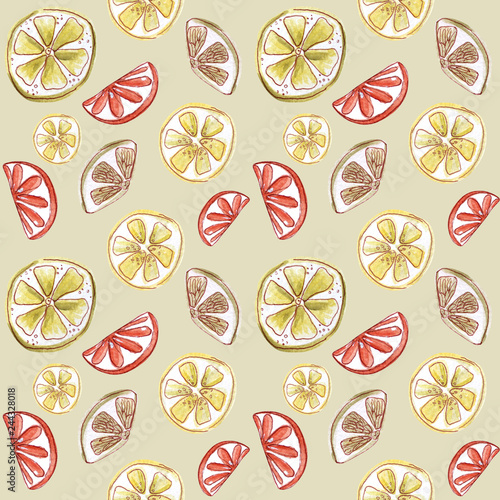 Watercolor seamless pattern with lemon, orange and grapefruit slices. Hand painted illustration. The pattern is suitable for printing on fabric, souvenirs, can be used as a background. Refreshing, on 