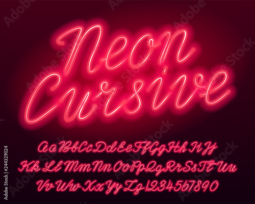 Neon cursive alphabet font. Red color lowercase and uppercase bright letters and numbers. Stock vector typescript for your typography design.