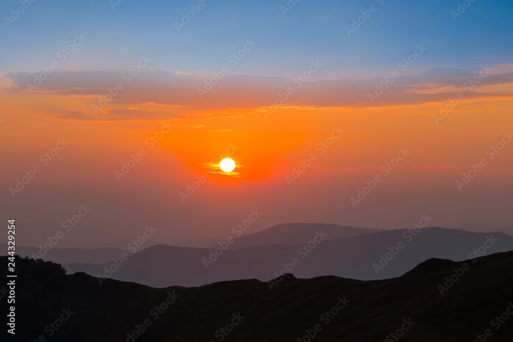 misty mountain valley at the early morning, sunrise mountain background